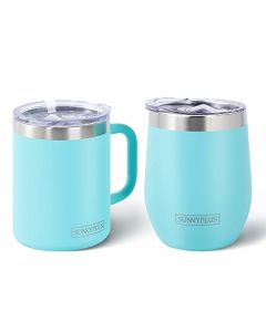 SUNNYPLUS 12oz(360ml) y 12oz(360ml) Taza Termica para Café con Asa y Tapa,Vaso Térmico con Pajita y Tapa,Tazas de Acero Inoxidable Doble Pared Aislamiento para el Oficina,Viajes,Camping,Regalo(Azul)