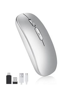 EASYTAO Mouse Inalámbrico, Ratón Recargable Wireless de 2.4 GHz, Silencioso Click, 3 Ajustable dpi(800/1200/1600), con Receptor USB y Tipo-c Adaptador, para PC Mac iPad (Plata)