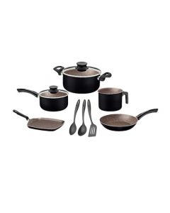 TRAMONTINA - Batería de Cocina Rivoli, de Aluminio, Revestimiento Antiadherente Starflon Max, Tapas de Vidrio Templado, Asas Ergonómicas, Color Negro, Uso Diario, Set de 10 Piezas