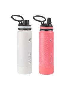 ThermoFlask - Paquete de 2 botellas de agua con aislamiento al aspiradora de doble pared de acero inoxidable, 24 onzas, color blanco/coral