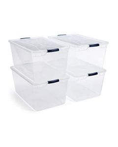 Rubbermaid Cleverstore Clear 95 cuartos de galón, paquete de 4 contenedores de almacenamiento grandes apilables con tapas transparentes de cierre duradero, almacenamiento visible, ideal para