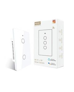 Interruptor inteligente MOES táctil de pared, WiFi de 2.4 GHz con cable neutro requerido, control múltiple de 3 vías, panel de vidrio. Funciona con la aplicación Smart Life/Tuya, control remoto RF433, Alexa y Google Home, 2 bandas, color blanco.