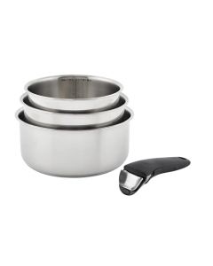 T-fal Ingenio - Juego de utensilios de cocina de acero inoxidable, 4 piezas, de inducción, utensilios de cocina, ollas y sartenes, RV, camping, horno, asa, apto para lavaplatos, mango desmontable,