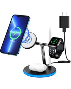 KOOPAO Estación de Carga inalámbrica magnética, 4 en 1 de Carga rápida Compatible con iPhone 12, Pro, Pro MAX, Mini, iWatch 6/SE/5/4/3/2, AirPods 2/Pro, 1ST Pencil (con Adaptador QC 3.0)