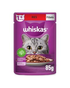 Whiskas Alimento Húmedo para Gatos, sabor Res 85g c/u. Paquete de 24 unidades