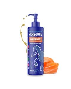 Dogelthy Pure Salmon Oil 450 ml. Aceite de Salmon Omega 3 para Perros con 300 MG de EPA + DHA por Dosis. Suplemento de Aceite de Pescado para Perro. para Croquetas o Dieta Barf.