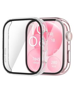 Suoman 2 Piezas Funda para Huawei Watch Fit 3 Protector Pantalla,Vidrio de Templado Protección Pantalla Ultradelgada de Alta Definición Case para Huawei Fit 3 Reloj inteligente (Rosa+Transparente)