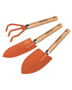 TRAMONTINA - Kit para Jardinería, con Acero al Carbono, Mangos de Madera, Pintura Electrostática Color Naranja, Livianos, Accesorios para Jardín, Set de 3 Piezas