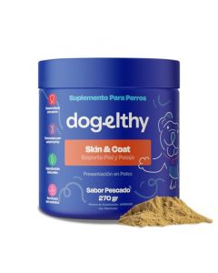 Dogelthy Skin & Coat. Suplemento para Piel y Pelaje para Perro Hecho a Base de Aceite de Pescado, Vitamina C/E, Complejo B, Zinc y más. Complemento para Croquetas o Dieta Barf Sabor a Pescado 270g