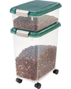 IRIS USA Conjunto de 2 piezas 16 Kg / 42.6 L (45 US Qt) Contenedor hermético para almacenamiento de comida de mascotas WeatherPro con caja de premios, para perros gatos y otros alimentos, verde