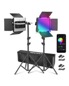 NEEWER 660 PRO II Mejorada Panel Luz Vídeo LED RGB con App Control y Kit Soporte, 2 Pack Constantes 50W Sin Cambio Color/1% Atenuación Mínima Precisa/360° RGB/CRI97+/3200K ~ 5600K Streaming