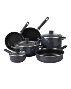 Cinsa Batería de cocina Mega Óptima 9 piezas, Peltre pesado con antiadherente con tapas de vidrio templado, Negro