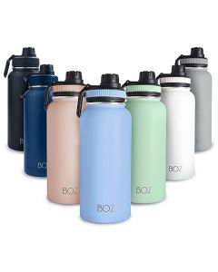 BOZ Botella de agua de acero inoxidable, termo de acero inoxidable 1 litro XL (1 L / 34 oz) boca ancha, sin BPA, aislamiento de doble pared al vacío (Azul Claro)