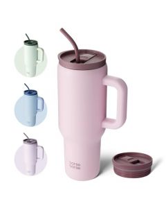 BOTTLE BOTTLE Vaso de 40 onzas con Asa y Pajita, Taza de Viaje de Acero Inoxidable al Vacío, Taza de Coche con Popote de Café, Botella de Agua de Regalos para Fiesta, Oficina(Rosa)