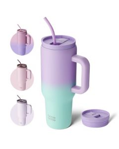 BOTTLE BOTTLE Vaso de 40 onzas con Asa y Pajita, Taza de Viaje de Acero Inoxidable al Vacío, Taza de Coche con Popote de Café, Botella de Agua de Regalos para Fiesta, Oficina(Violeta Verde)