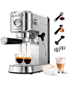 SANGKEE - Cafetera Espresso 20 Bar, Máquina de café espresso con varita espumadora de leche, Compatible con Café Molido/Cápsulas, Compacta Cafetera para hogar, Capuchino, Latte, Macchiato, 1350W