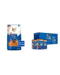 Purina - Cat Chow Comida para Gato, Adulto, Deli Mix, 15.0 kg + Cat Chow Defense Hydro Esterilizados Carne Alimento Húmedo Pack 24 Sobres de 85g