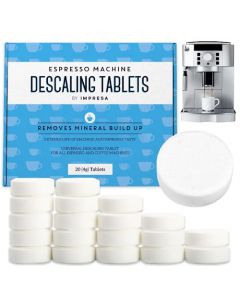 IMPRESA Paquete de 20 tabletas descalcificadoras para máquina de espresso para eliminar la acumulación de minerales. Impresa tabletas descalcificadoras destinadas a Breville, Jura, Miele y otros cafeteras de espresso