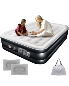 HEEDU Colchón de Aire Queen con Bomba de Aire Eléctrica Recargable Incorporada, 2 Almohada Inflable, Diseño Hermético con Inflado y Desinflado Rápido Automático, Cama Inflable para Hogar y Camping