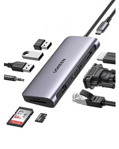 UGREEN Hub USB C, 10 en 1 USB C Hub Adaptador a HDMI 4K@30Hz, 1000Mbps Gigabit Ethernet, VGA, 3* USB 3.0, Lector Tarjeta SD TF, 3.5mm Audio Jack y 100W Power Delivery para Macbook Pro/Air, iPad Pro