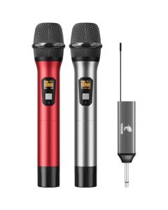 TONOR Micrófono Inalámbrico, UHF Sistema de Micrófono Dinámico de Metal Dual con Receptor Recargable, para Canto de Karaoke, KTV Casero, Boda, DJ, Fiesta, Discurso, Iglesia, 60m (TW630), Rojo