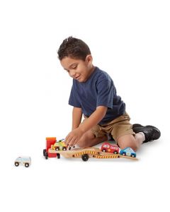 Melissa & Doug Transportador de Vehículos de Emergencias, Juguete de Camión Tractor-Remolcador de 2 Niveles con 4 Vehículos, Juguete de Madera, Automóviles y Camiones