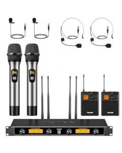 TONOR 4-Kanal UHF Mikrofon Kabellos Set mit Handmikrofon/Bodypack Transmitter/Headset Funkmikrofon/Lavalier Ansteckmikrofonen, 4x10 Frequenzen 90m Reichweite Wireless Microphone für Gesang, Karaoke