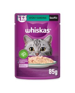 Whiskas Alimento Húmedo para Gatos Adultos, Sabor Soufflé Atún y Sardina 85g c/u. Paquete de 24 Unidades