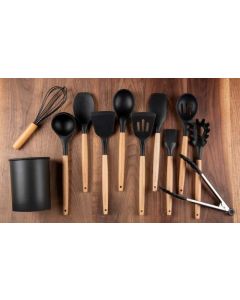 Zanetti - Juego de 11 Utensilios de Cocina de Silicona y Madera con Cubeta de Almacenamiento - Color Negro