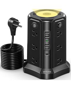 WISAN Torre de regleta de alimentación con luz Nocturna, Sobretensiones 9.8Ft / 3M 5 Puertos USB Regleta De 12 Salidas con Toma De Cable Largo USB Torre Protectora contra Sobretensiones (Negro)