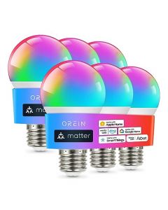 OREiN Matter Focos Inteligentes Compatible con Alexa, Apple Home, Google Home, SmartThings, Focos Inteligentes Multicolor A19 E26, Bombillas Inteligentes 60W Equi 800 LM CRI90 6 Unidades