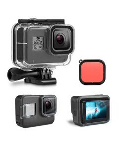 Nasjac Kit de Accesorios de Carcasa para GoPro Hero 8 Negro, Funda Impermeable de Protección + Filtro Rojo len + Vidrio Templado + Accesorios de Soporte, Proteja Las Cámaras de Acción para Buceo