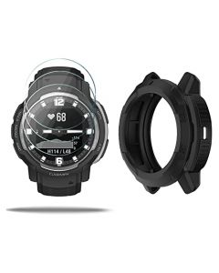 SHUAXI Protector de visualización de reloj (3+1 unidad) compatible con Garmin Instinct Crossover Solar, película de vidrio templado antiarañazos, cobertura completa de alta definición y funda protectora de TPU suave