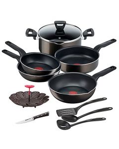 T-FAL Bateria de cocina de 11 piezas XL Force, con antiadherente Titanium 2X XL-Force 100% seguro para tu salud, cuentan con tecnología Thermo-Señal, C3849182