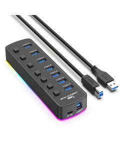 vantisan Hub USB, Hub USB 3.0 con 7 Puertos, Multi USB 3.0 Hub con Tira LED RGB de 14 Modos, Interruptores Táctiles Individuales, Cable de 1m, Compatible con Windows, Mac OS, Linux y más