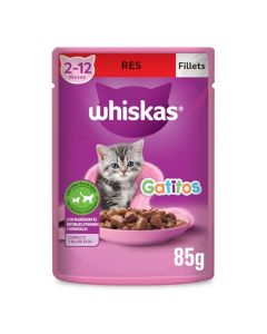 Whiskas Alimento Húmedo para Gatitos, Sabor Res, 85g c/u. Paquete de 24 Unidades