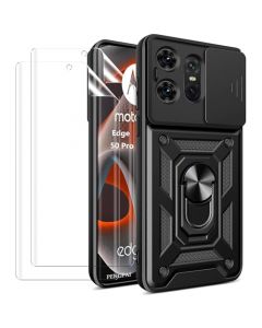 PENGPAI Mica Funda para Motorola Moto Edge 50 Pro 5G Case Uso Rudo + 2 Piezas Protector de Pantalla Screen Hydrogel Acrílico Carcasa Cover(Negro + 2 Mica)