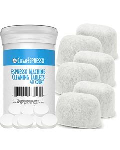 CleanEspresso Tabletas y filtros de limpieza para máquina de espresso Breville (40 tabletas + 6 filtros) – Tabletas de limpieza de 2 gramos y filtro de agua de repuesto – Accesorios para limpiador de espresso