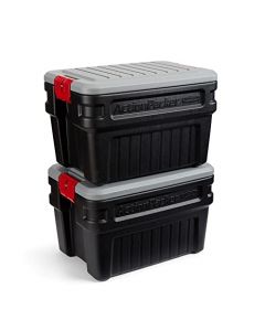 Rubbermaid ActionPacker Caja de almacenamiento con cerradura de 24 galones, paquete de 2, para exteriores, industrial, resistente, gris y negro