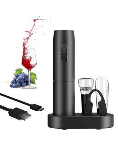 Abridor de Vino, Recargable USB-C, Juego de Regalo de Vino 5 en 1, Sacacorchos Eléctrico de Vinos con Sacacorcho, Cortador de Papel de Aluminio, Vertedor Vino, Tapón Vino al Vacío y Estación de Carga