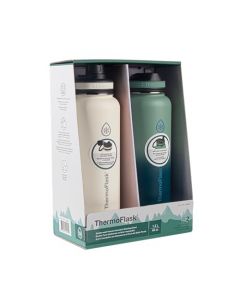 Thermoflask - Botellas de agua aisladas de acero inoxidable de 40 onzas con popote y tapas de boquilla, paquete de 2, color blanco apagado, verde claro