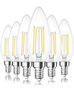 HORKEY Regulable E12 LED Clásico Candelabro Claro Bombillas, Equivalente 60W, 550 lúmenes, Filamento Claro Candelabro de Cristal B11 Bombilla, UL Listed Paquete de 6 (Luz blanca 6500K, Paquete de 6)