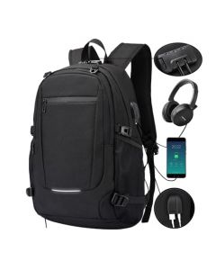 Mochila antirrobo, Unisex Mochila impermeable con puerto de carga USB Interfaz para auriculares y bloqueo con contraseña con la red de baloncesto, Mochila para Portátil de 12-15.6 Pulgadas(Negro)