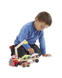 Melissa & Doug Set de Juguete Cargador Magnético de Autos, Juguete de Madera, Automóviles y Camiones, Ayuda a Desarrollar Habilidades Motoras (4 Autos y un Camión Semi-remolque)