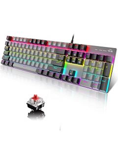 FREE WOLF K1 Teclado Mecánico Gamer con ñ, 104 Teclas Disposición Española Teclado para Juegos, 100% Anti-Ghosting, 20 Efectos Retroiluminaciones RGB, Panel Impermeable de Metal con Cable (Negro Gris)