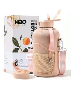 H2O Capsule Botella de agua de medio galón de 2.2 l con funda de almacenamiento y pajita extraíble, contenedor grande reutilizable sin BPA con asa, jarra deportiva grande, 2.2 litros (72 oz), beige