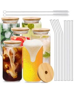 Jasinber Juego de 6 Vasos de Vidrio, Vasos con Forma de Lata de 16 Onzas con Tapas y Paja de Vidrio, Bonitos Vasos de Vaso, Café Helado, Cóctel, Copas de Cola, 2 Cepillos de Paja Incluidos(500ml)