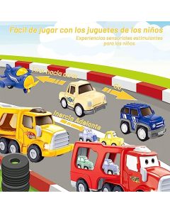 Carritos Juguetes para Niño, 5 en 1 Camión de Transporte de Coches de Juguete con 3 Mini Coches y 1 Avión, Vehículos de Juguete para Niños con Luz y Sonidos, Regalo para Niños y Niñas (Amarillo)