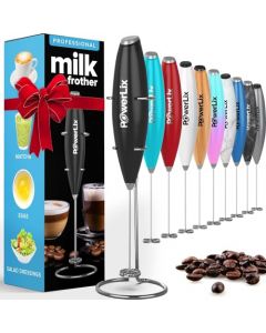 POWERLIX espumador de leche manual con batería para café, latte, capuchino, chocolate caliente, mezclador de bebidas duradero con batidor de acero inoxidable, soporte de acero inoxidable incluido