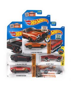 Hot Wheels Muscle Car Madness 5 Pack Random Diecast Bundle Set with Various Corvettes, Mustangs, Camaros, Chargers, GTO"s, Firebirds, Shelby, and More